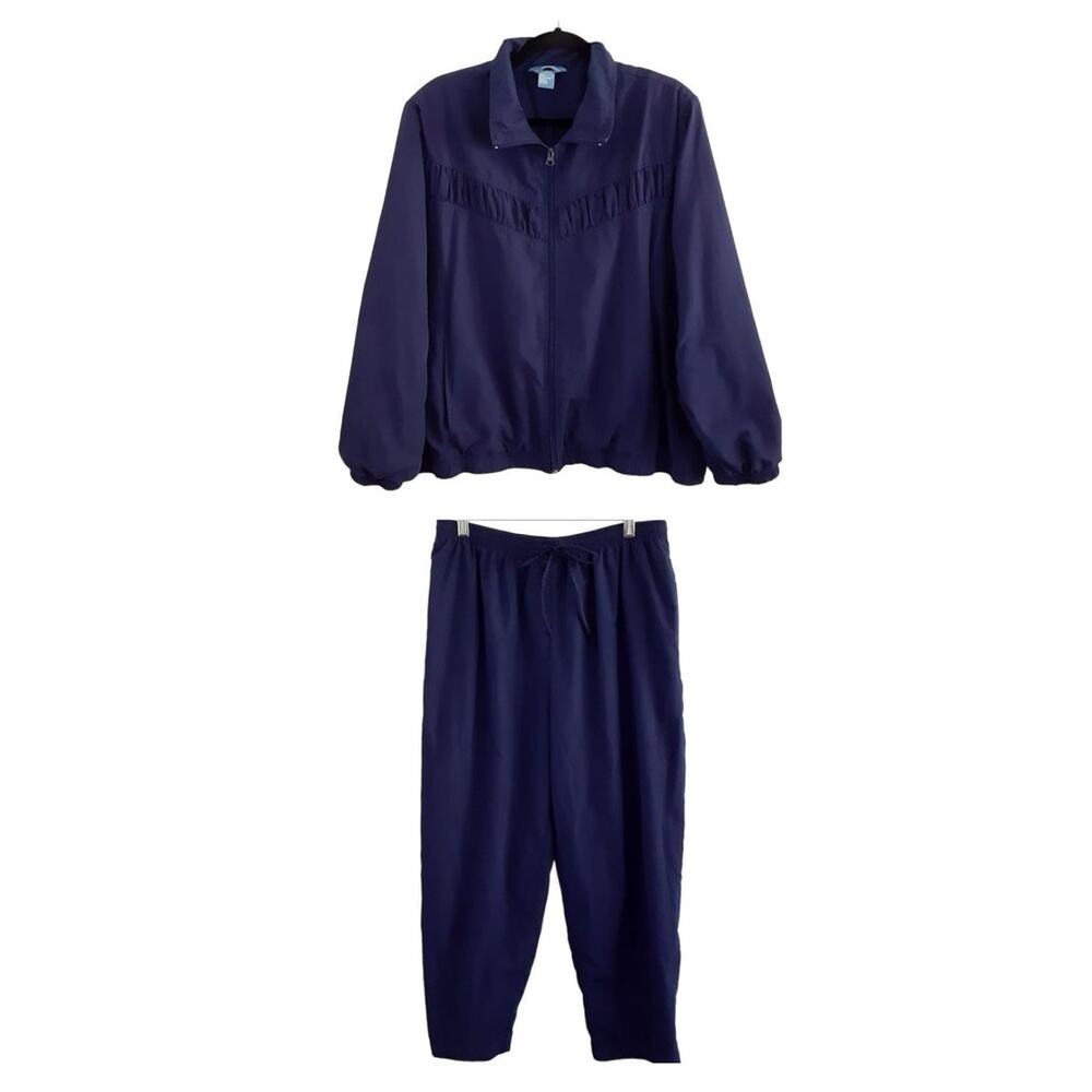 Vintage 80s Track Suit Set Navy Blue Full Zip Up Warm Ups Womens L/1X Retro